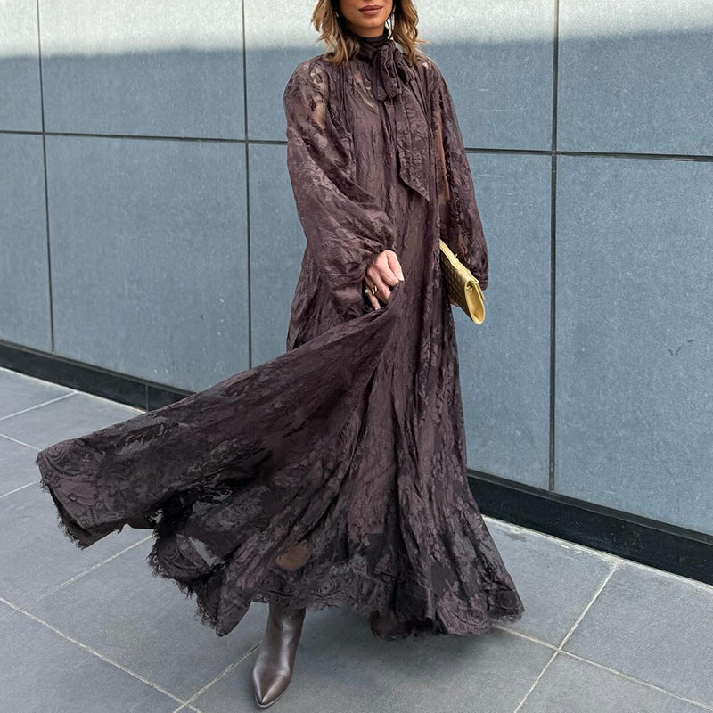 Vestido camisero largo de manga larga con volantes y bordados para mujer
