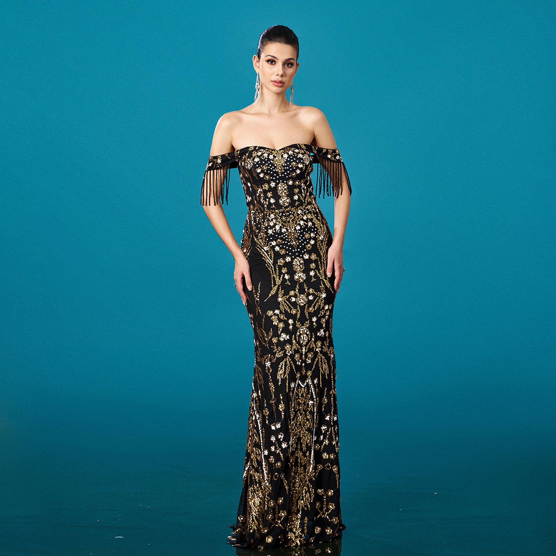 Vestido de noche formal de mujer con lentejuelas, borlas y cola de sirena, sin hombros