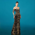 Vestido de noche formal de mujer con lentejuelas, borlas y cola de sirena, sin hombros
