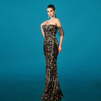 Vestido de noche formal de mujer con lentejuelas, borlas y cola de sirena, sin hombros