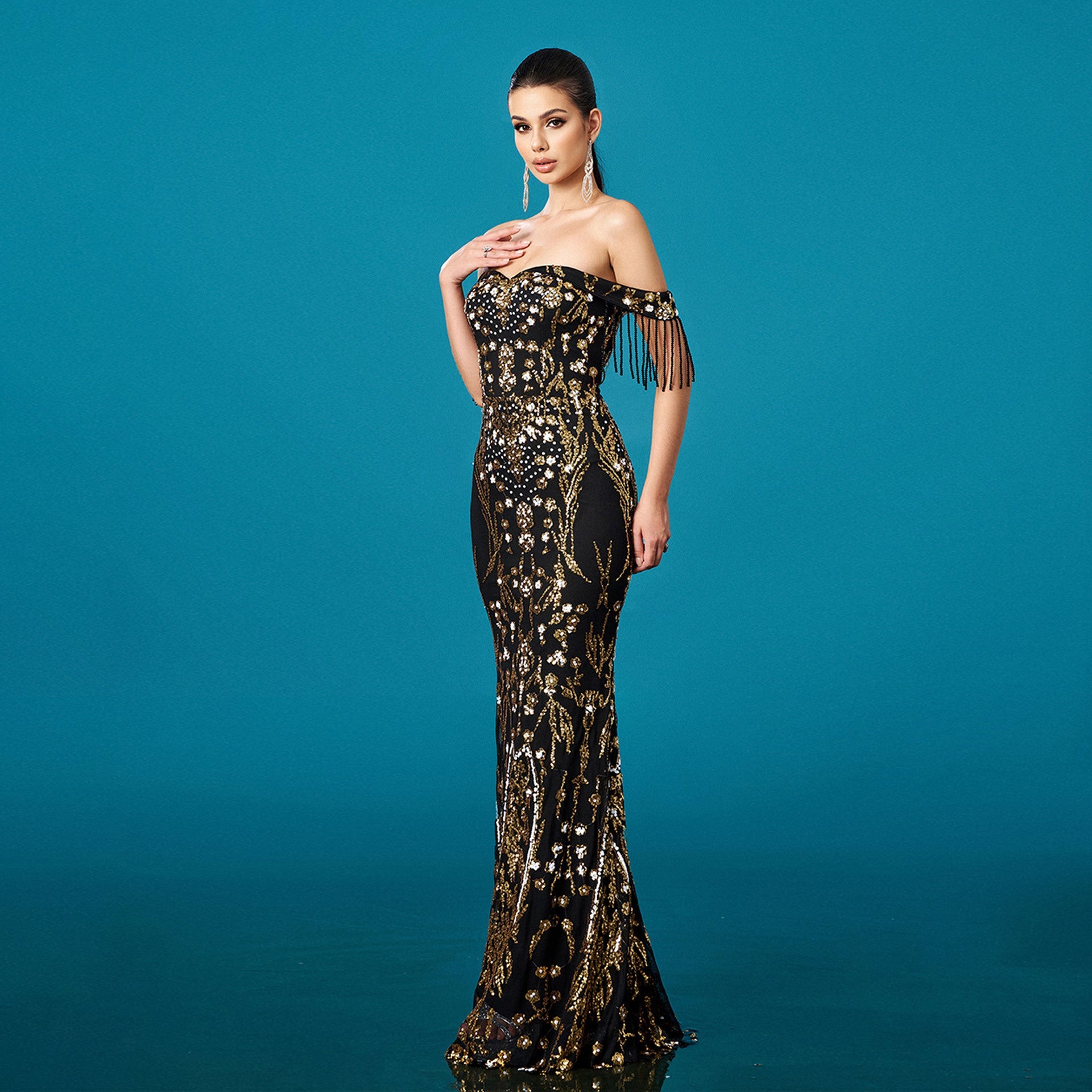 Vestido de noche formal de mujer con lentejuelas, borlas y cola de sirena, sin hombros