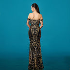 Vestido de noche formal de mujer con lentejuelas, borlas y cola de sirena, sin hombros