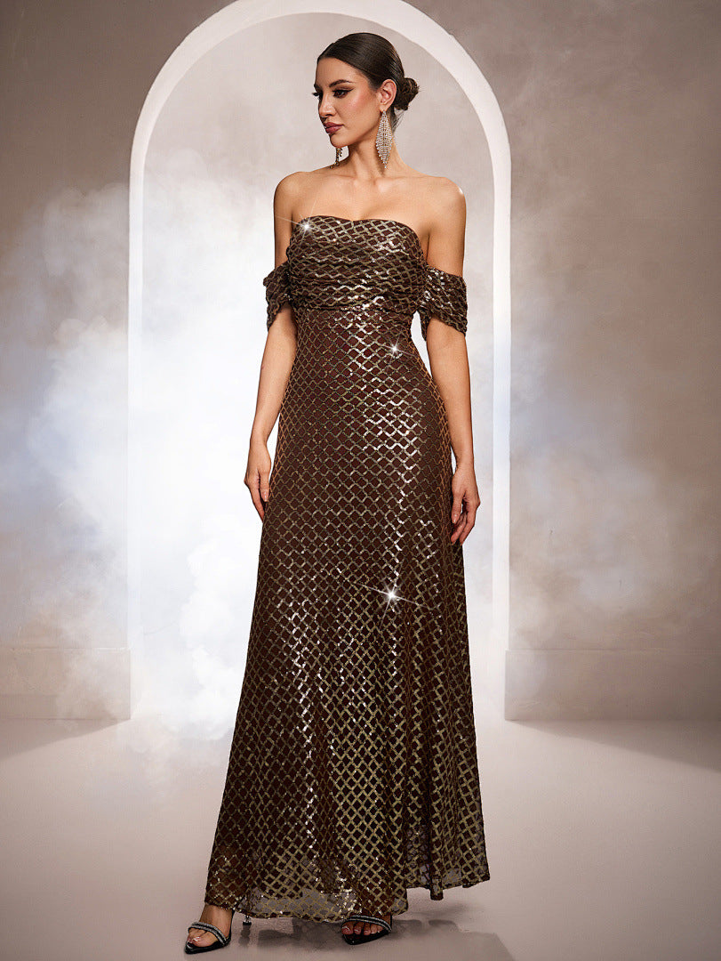Vestido largo de noche sin mangas con lentejuelas y hombros descubiertos para mujer, corte en A