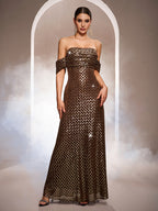 Vestido largo de noche sin mangas con lentejuelas y hombros descubiertos para mujer, corte en A