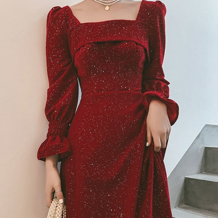 Vestido rojo de fiesta de otoño para mujer, de cintura media, estilo casual y formal