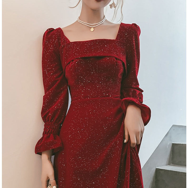 Vestido rojo de fiesta de otoño para mujer, de cintura media, estilo casual y formal