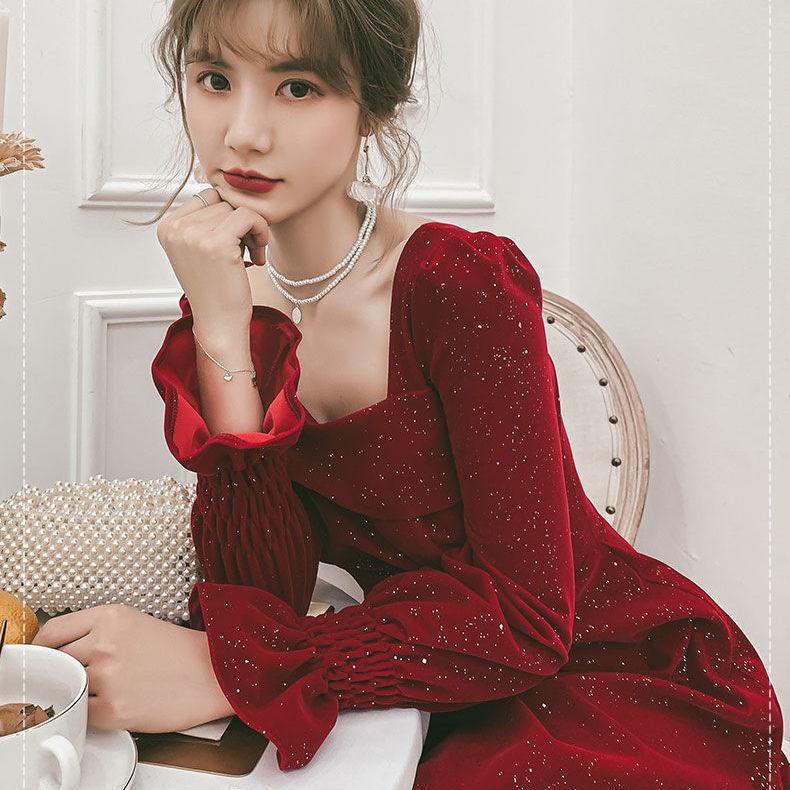 Vestido rojo de fiesta de otoño para mujer, de cintura media, estilo casual y formal